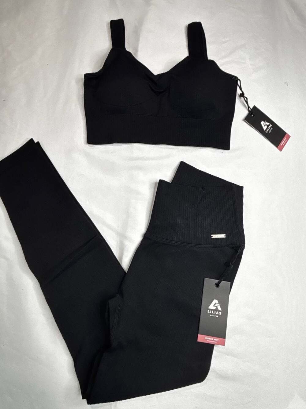Lilias Active Ribbed Knit Collection  Black Athletic Set Bralette and Leggings